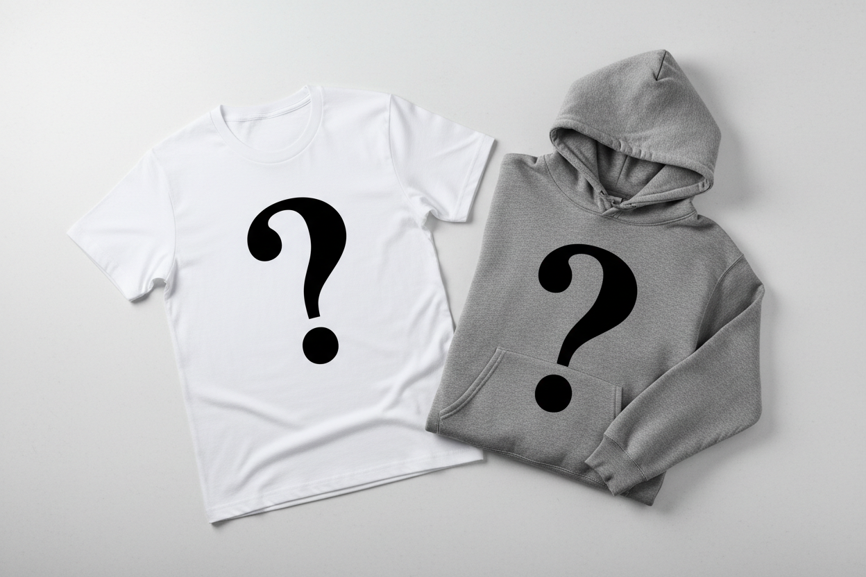 t-shirt and sweatshirt with a question mark on them